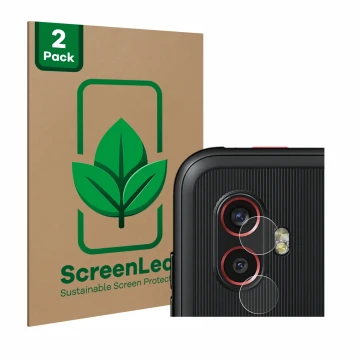 Face avant d’un emballage produit avec le logo de la marque ScreenLeaf. À côté, l’appareil Samsung Galaxy XCover 6 Pro (Caméra