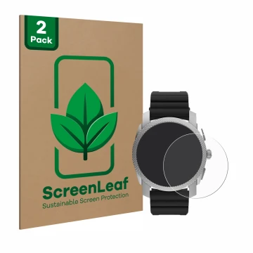 Face avant d’un emballage produit avec le logo de la marque ScreenLeaf. À côté, l’appareil Fossil Gen 6 Hybrid Machine (45mm) 