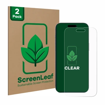 Face avant d’un emballage produit avec le logo de la marque ScreenLeaf. À côté, l’appareil Apple iPhone 14 Pro Max est représe