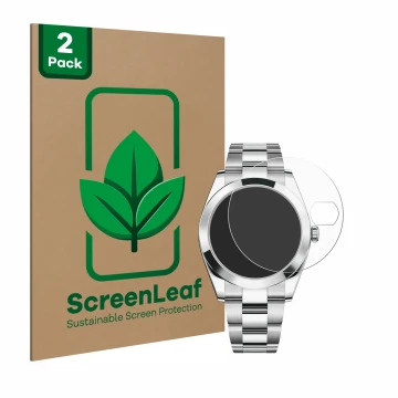 Face avant d’un emballage produit avec le logo de la marque ScreenLeaf. À côté, l’appareil Rolex Datejust 41 est représenté av