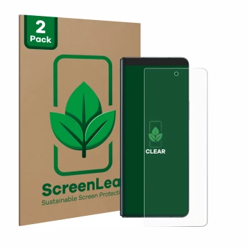 Face avant d’un emballage produit avec le logo de la marque ScreenLeaf. À côté, l’appareil Samsung Galaxy Z Fold 4 est représe