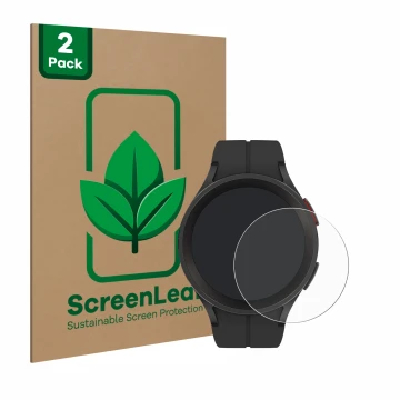 Face avant d’un emballage produit avec le logo de la marque ScreenLeaf. À côté, l’appareil Samsung Galaxy Watch 5 Pro est repr