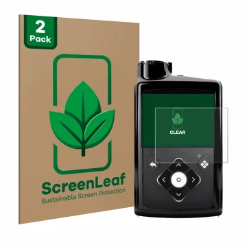 Face avant d’un emballage produit avec le logo de la marque ScreenLeaf. À côté, l’appareil Medtronic Minimed 780G est représen