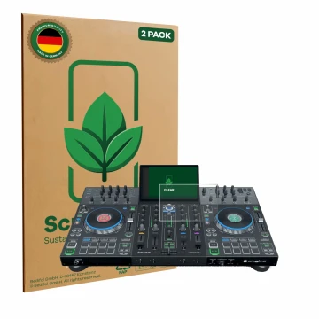 Face avant d’un emballage produit avec le logo de la marque ScreenLeaf. À côté, l’appareil Denon DJ Prime 4 est représenté ave