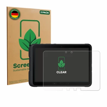Face avant d’un emballage produit avec le logo de la marque ScreenLeaf. À côté, l’appareil Samsung Galaxy Tab Active 4 Pro est