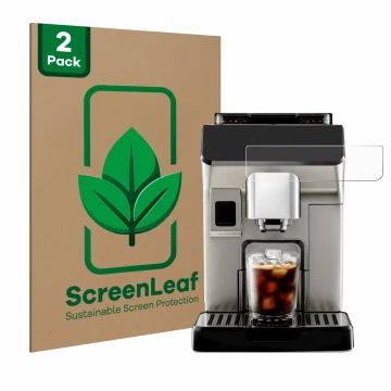 Face avant d’un emballage produit avec le logo de la marque ScreenLeaf. À côté, l’appareil DeLonghi Eletta Explore est représe