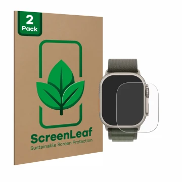 Face avant d’un emballage produit avec le logo de la marque ScreenLeaf. À côté, l’appareil Apple Watch Ultra (49 mm) est repré