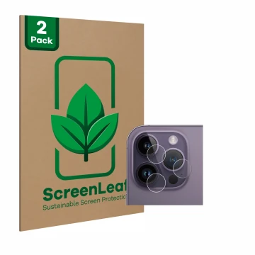 Face avant d’un emballage produit avec le logo de la marque ScreenLeaf. À côté, l’appareil Apple iPhone 14 Pro (Caméra UNIQUEM