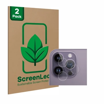 Face avant d’un emballage produit avec le logo de la marque ScreenLeaf. À côté, l’appareil Apple iPhone 14 Pro Max (Caméra UNI