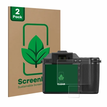 Face avant d’un emballage produit avec le logo de la marque ScreenLeaf. À côté, l’appareil Fujifilm X-H2 est représenté avec l