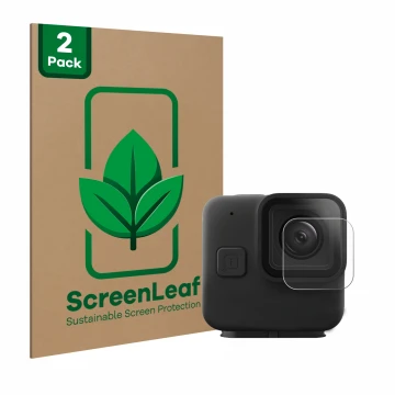 Face avant d’un emballage produit avec le logo de la marque ScreenLeaf. À côté, l’appareil GoPro Hero 11 mini Lentille (Caisse