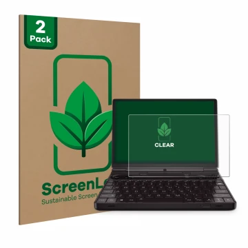 Face avant d’un emballage produit avec le logo de la marque ScreenLeaf. À côté, l’appareil GPD Win Max 2 est représenté avec l