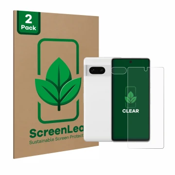 Face avant d’un emballage produit avec le logo de la marque ScreenLeaf. À côté, l’appareil Google Pixel 7 (Avant+Caméra) est r