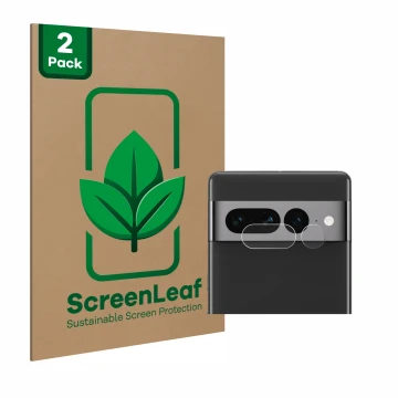 Face avant d’un emballage produit avec le logo de la marque ScreenLeaf. À côté, l’appareil Google Pixel 7 Pro (Caméra UNIQUEME