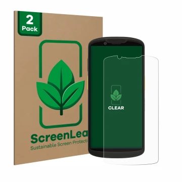Face avant d’un emballage produit avec le logo de la marque ScreenLeaf. À côté, l’appareil Zebra TC58 est représenté avec la p