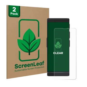 Face avant d’un emballage produit avec le logo de la marque ScreenLeaf. À côté, l’appareil Vasco Translator V4 est représenté 
