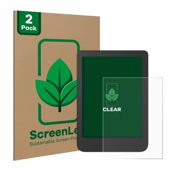 Face avant d’un emballage produit avec le logo de la marque ScreenLeaf. À côté, l’appareil Tolino Shine 4 est représenté avec 