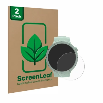Face avant d’un emballage produit avec le logo de la marque ScreenLeaf. À côté, l’appareil Swatch Big Bold Bioceramic est repr