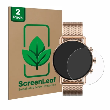 Face avant d’un emballage produit avec le logo de la marque ScreenLeaf. À côté, l’appareil Skagen Falster Gen 6 (41 mm) est re