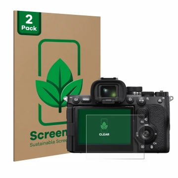 Face avant d’un emballage produit avec le logo de la marque ScreenLeaf. À côté, l’appareil Sony Alpha 7R V / a7R V est représe
