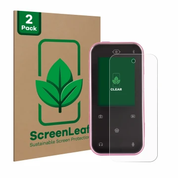 Face avant d’un emballage produit avec le logo de la marque ScreenLeaf. À côté, l’appareil Vtech Kidizoom Snap Touch est repré