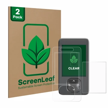 Face avant d’un emballage produit avec le logo de la marque ScreenLeaf. À côté, l’appareil Dexcom G7 CGM est représenté avec l