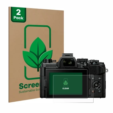 Face avant d’un emballage produit avec le logo de la marque ScreenLeaf. À côté, l’appareil Olympus OM System OM-5 est représen