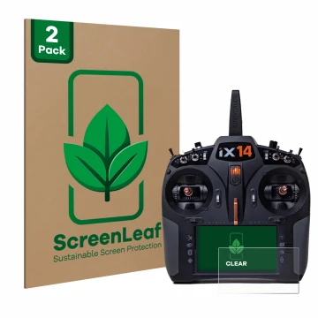 Face avant d’un emballage produit avec le logo de la marque ScreenLeaf. À côté, l’appareil Spektrum iX14 est représenté avec l