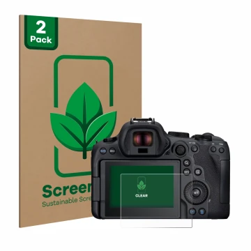 Face avant d’un emballage produit avec le logo de la marque ScreenLeaf. À côté, l’appareil Canon EOS R6 Mark II est représenté