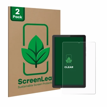 Face avant d’un emballage produit avec le logo de la marque ScreenLeaf. À côté, l’appareil Lenovo Tab M9 est représenté avec l