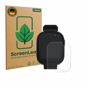 Face avant d’un emballage produit avec le logo de la marque ScreenLeaf. À côté, l’appareil Xplora X6 Play 2022 (1ère génératio