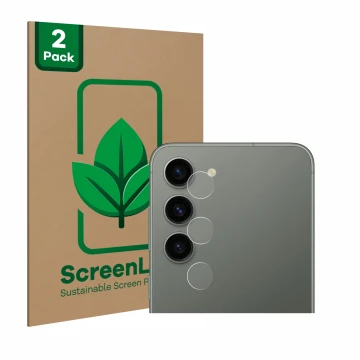 Face avant d’un emballage produit avec le logo de la marque ScreenLeaf. À côté, l’appareil Samsung Galaxy S23 (Caméra UNIQUEME