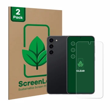 Face avant d’un emballage produit avec le logo de la marque ScreenLeaf. À côté, l’appareil Samsung Galaxy S23 (Avant+Caméra) e
