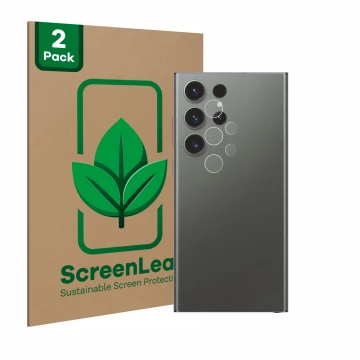 Face avant d’un emballage produit avec le logo de la marque ScreenLeaf. À côté, l’appareil Samsung Galaxy S23 Ultra (Caméra UN