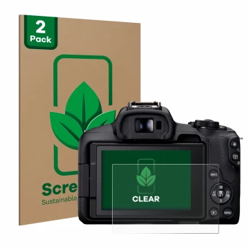 Face avant d’un emballage produit avec le logo de la marque ScreenLeaf. À côté, l’appareil Canon EOS R50 est représenté avec l
