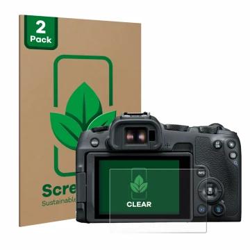 Face avant d’un emballage produit avec le logo de la marque ScreenLeaf. À côté, l’appareil Canon EOS R8 est représenté avec la