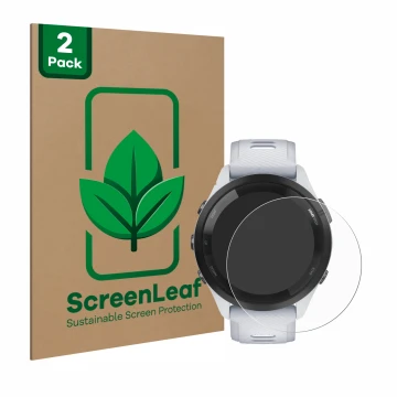 Face avant d’un emballage produit avec le logo de la marque ScreenLeaf. À côté, l’appareil Garmin Forerunner 265 (46 mm) est r