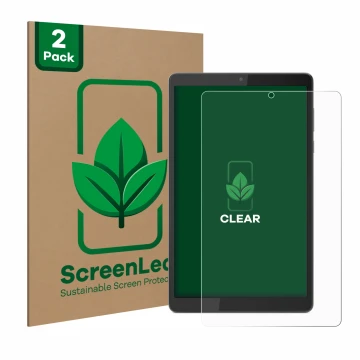 Face avant d’un emballage produit avec le logo de la marque ScreenLeaf. À côté, l’appareil Lenovo Tab M8 (4ème Gen.) est repré