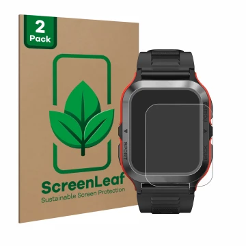 Face avant d’un emballage produit avec le logo de la marque ScreenLeaf. À côté, l’appareil Kospet Tank M2 est représenté avec 