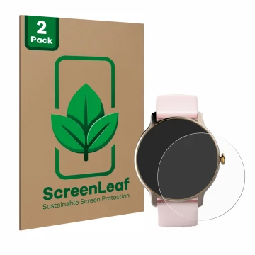 Face avant d’un emballage produit avec le logo de la marque ScreenLeaf. À côté, l’appareil Hama Fit Watch 4910 est représenté 