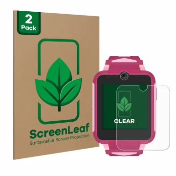 Face avant d’un emballage produit avec le logo de la marque ScreenLeaf. À côté, l’appareil TCL Movetime Family Watch MT42X est