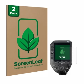 Face avant d’un emballage produit avec le logo de la marque ScreenLeaf. À côté, l’appareil Godox XPro II est représenté avec l