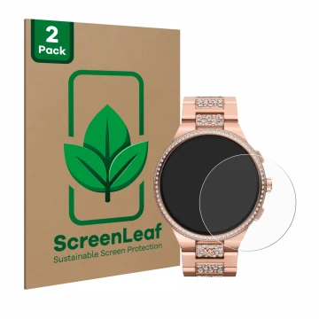 Face avant d’un emballage produit avec le logo de la marque ScreenLeaf. À côté, l’appareil Michael Kors Camille Gen 6 MKT5147 
