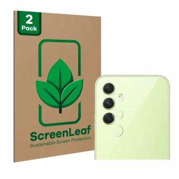 Face avant d’un emballage produit avec le logo de la marque ScreenLeaf. À côté, l’appareil Samsung Galaxy A54 5G (Caméra UNIQU