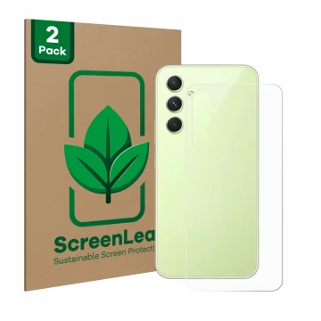 Face avant d’un emballage produit avec le logo de la marque ScreenLeaf. À côté, l’appareil Samsung Galaxy A54 5G (Arrière) est
