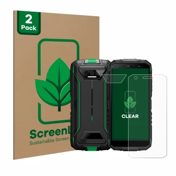 Face avant d’un emballage produit avec le logo de la marque ScreenLeaf. À côté, l’appareil Doogee S41 Pro (Avant+Caméra) est r