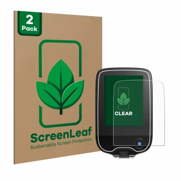 Face avant d’un emballage produit avec le logo de la marque ScreenLeaf. À côté, l’appareil Freestyle Libre 3 est représenté av