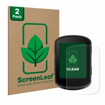 Face avant d’un emballage produit avec le logo de la marque ScreenLeaf. À côté, l’appareil Garmin Edge 540 est représenté avec