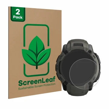 Face avant d’un emballage produit avec le logo de la marque ScreenLeaf. À côté, l’appareil Garmin Instinct 2X Solar est représ