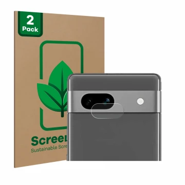 Face avant d’un emballage produit avec le logo de la marque ScreenLeaf. À côté, l’appareil Google Pixel 7a (Caméra UNIQUEMENT)